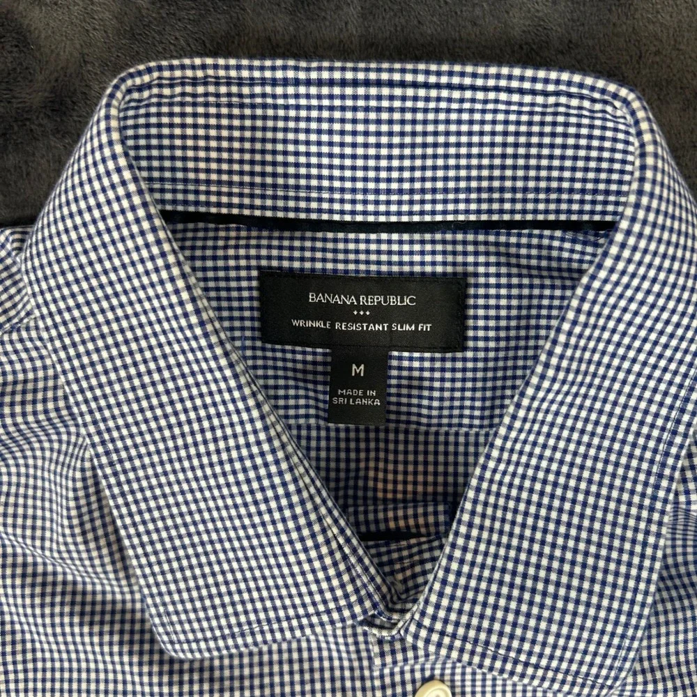 Banana Republic Button Down Mens M Blue Gingham Wrinkle Resistant‎ Slim Fit